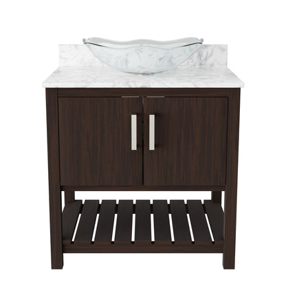 30-inch Novatto bath vanity with Carrara white marble countertop and integrated sink, showcasing elegant bathroom accessory.