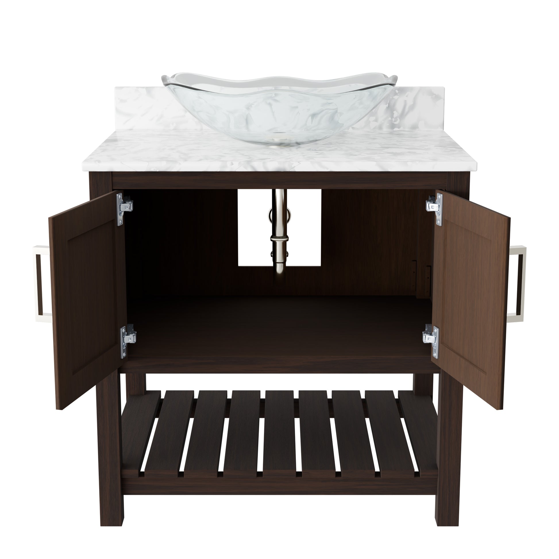 Novatto 30-inch bathroom vanity with Carrara white marble countertop and sink, featuring sleek modern design and wood finish.