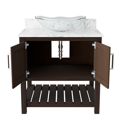 Novatto 30-inch bathroom vanity with Carrara white marble countertop and sink, featuring sleek modern design and wood finish.