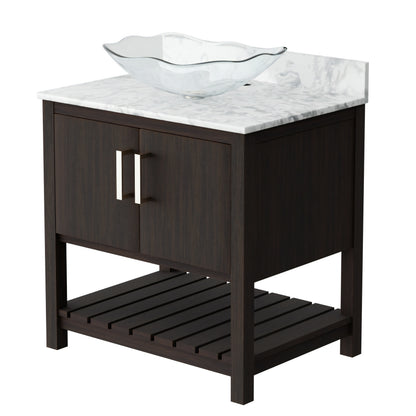 30-inch Novatto bath vanity with Carrara white marble countertop and integrated sink, showcasing elegant bathroom accessory design.