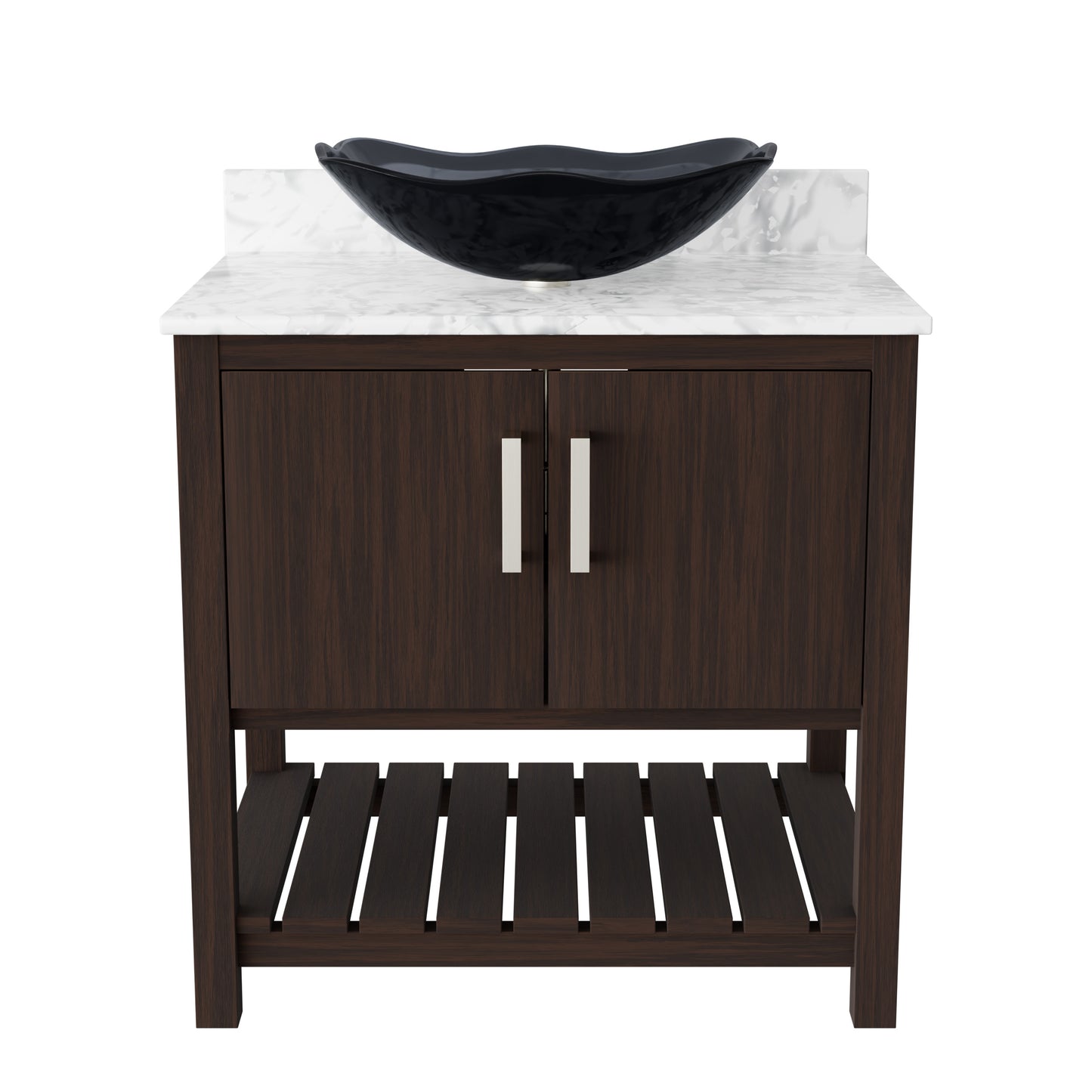 30-inch Novatto bath vanity with Carrara white marble countertop and integrated sink, showcasing elegant bathroom accessory design.