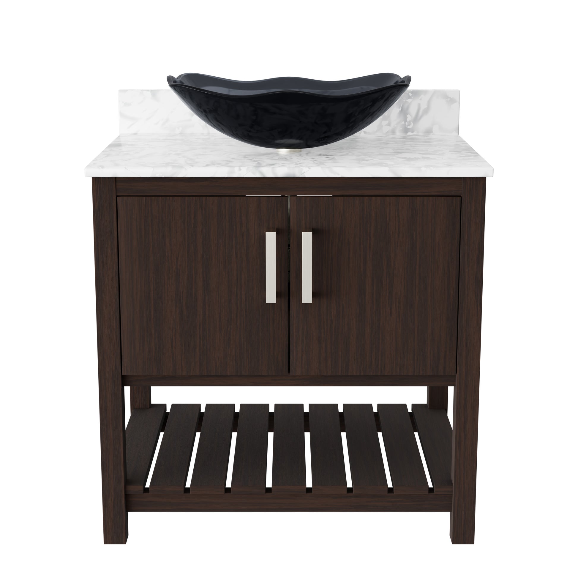 30-inch Novatto bath vanity with Carrara white marble countertop and integrated sink, showcasing elegant bathroom accessory design.