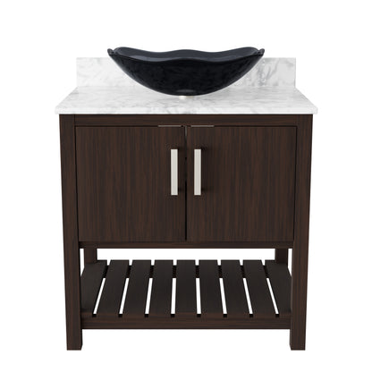 30-inch Novatto bath vanity with Carrara white marble countertop and integrated sink, showcasing elegant bathroom accessory design.