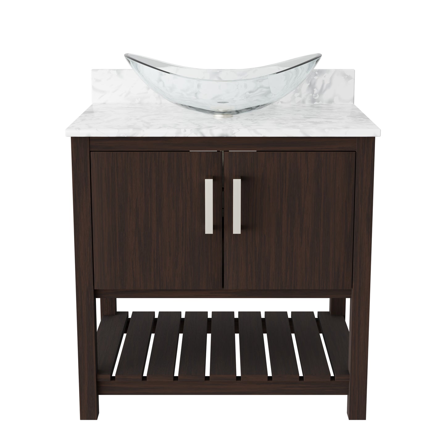 30-inch Novatto bathroom vanity with Carrara white marble countertop and integrated sink, modern accessory for elegant bathrooms.