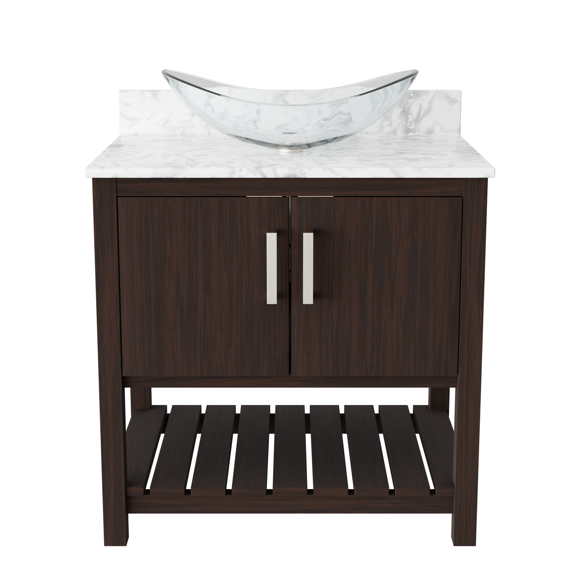 30-inch Novatto bathroom vanity with Carrara white marble countertop and integrated sink, modern accessory for elegant bathrooms.
