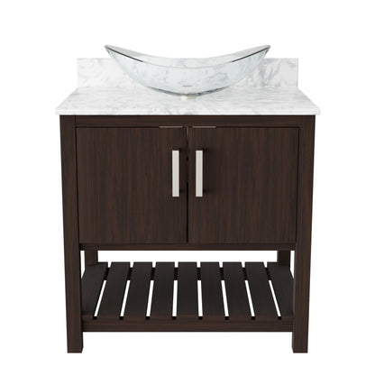 30-inch Novatto bathroom vanity with Carrara white marble countertop and integrated sink, modern accessory for elegant bathrooms.