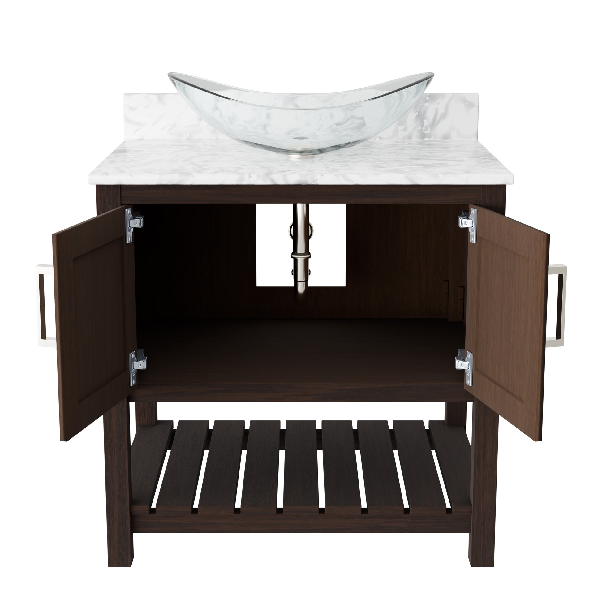 30-inch Novatto bath vanity with Carrara white marble counter and sink, showcasing elegant bathroom accessory design.