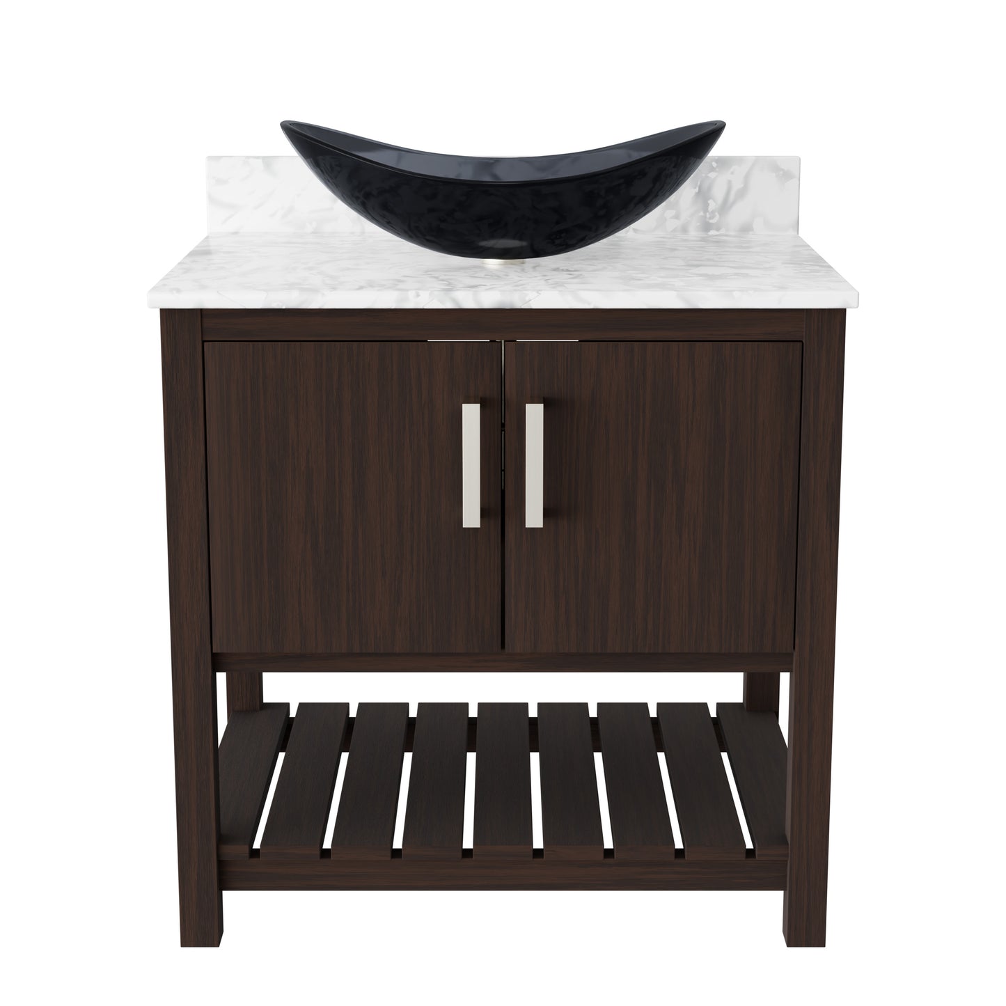 Novatto 30-inch bath vanity with Carrara white marble counter and integrated sink, modern bathroom accessory.