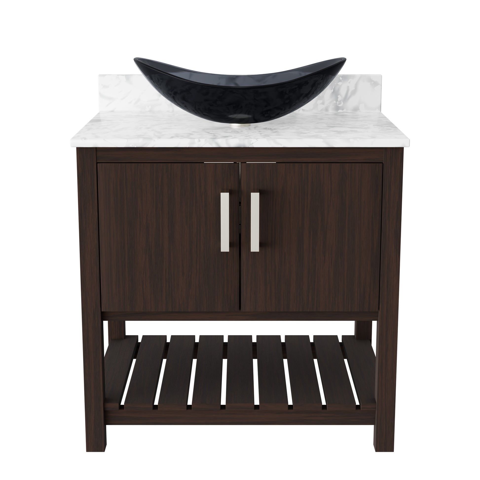 Novatto 30-inch bath vanity with Carrara white marble counter and integrated sink, modern bathroom accessory.