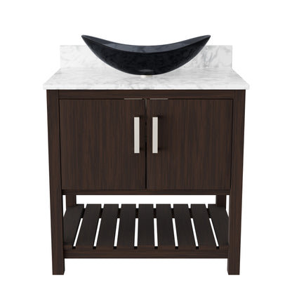 Novatto 30-inch bath vanity with Carrara white marble counter and integrated sink, modern bathroom accessory.