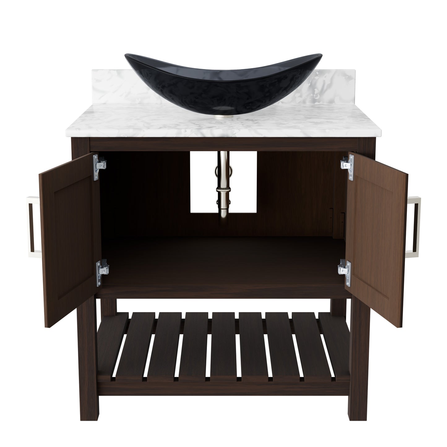 Novatto 30-inch bath vanity with Carrara white marble countertop and integrated sink, modern bathroom accessory.