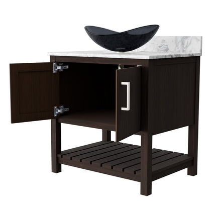 30-inch Novatto bath vanity with Carrara white marble countertop and integrated sink, shown from a side angle.