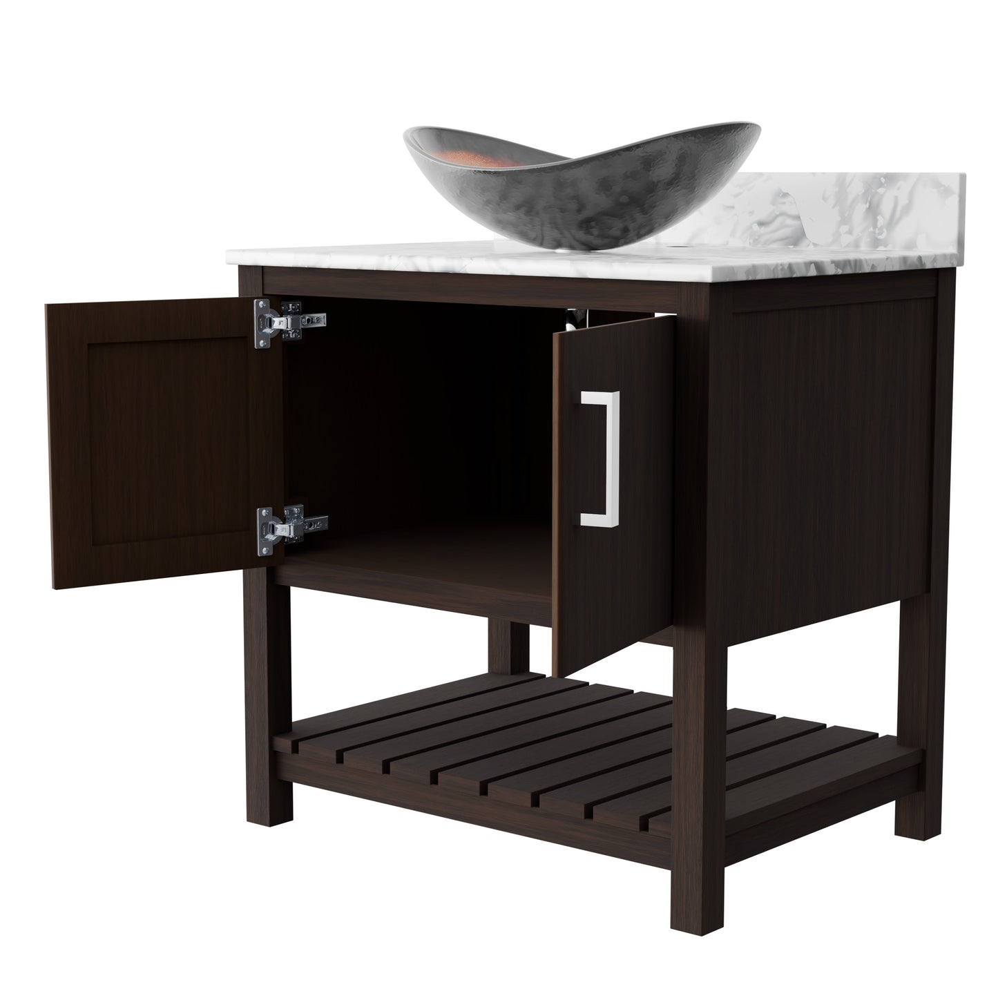 30-inch Novatto bath vanity with Carrara white marble counter and integrated sink, showcasing sleek design and elegant surface.