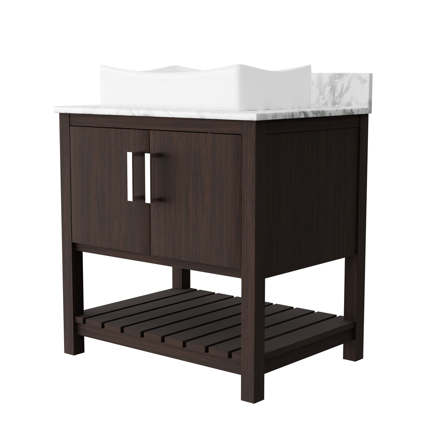 Novatto 30-inch bath vanity with Carrara white marble countertop and sink, showcasing a sleek bathroom accessory design.