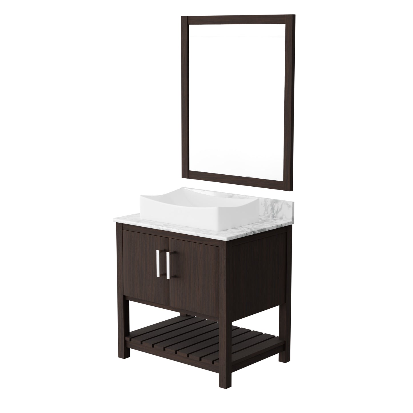 30-inch Novatto bath vanity with Carrara white marble countertop and integrated sink, showcasing elegant bathroom accessory design.