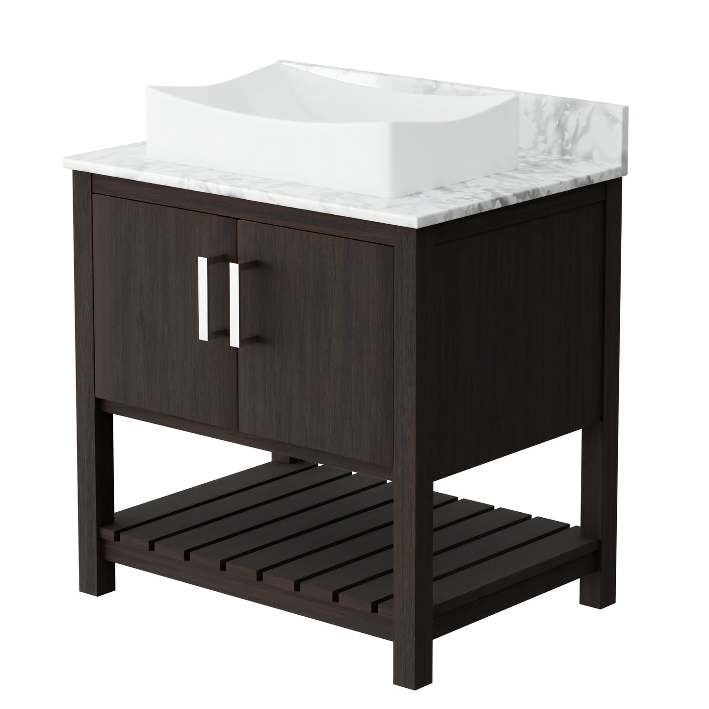 30-inch Novatto bath vanity with Carrara white marble countertop and integrated sink, shown from a front view.