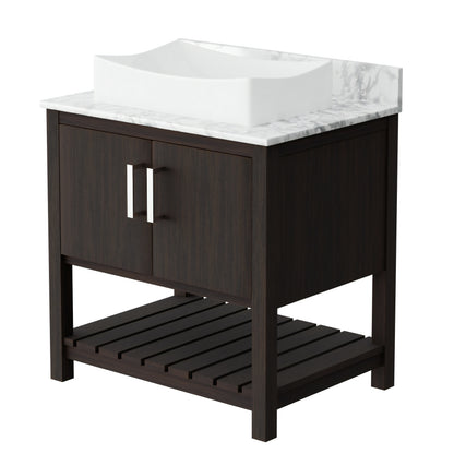 30-inch Novatto bath vanity with Carrara white marble countertop and integrated sink, shown from a front view.