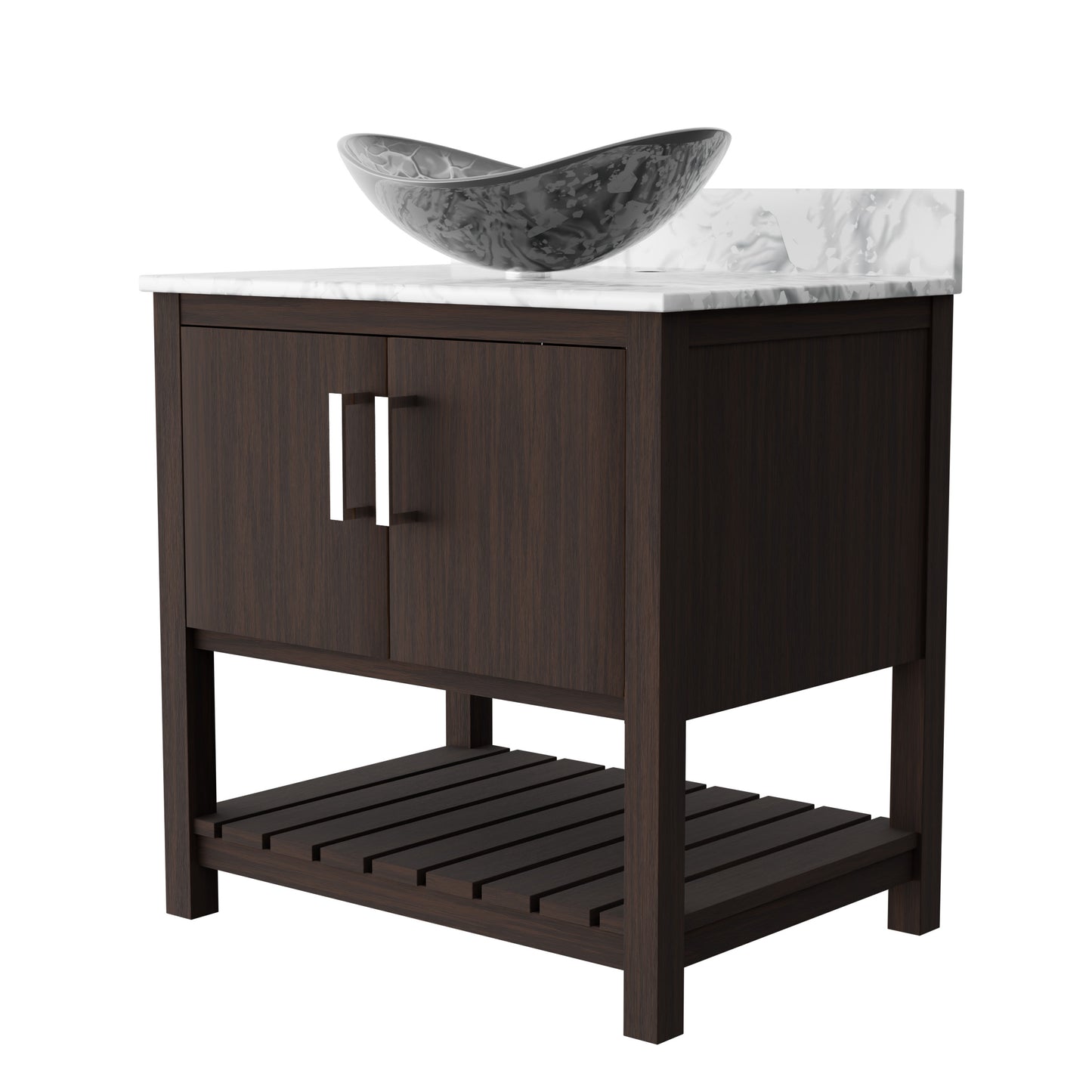 30-inch Novatto bath vanity with Carrara white marble countertop and integrated sink, showcasing sleek bathroom accessory design.