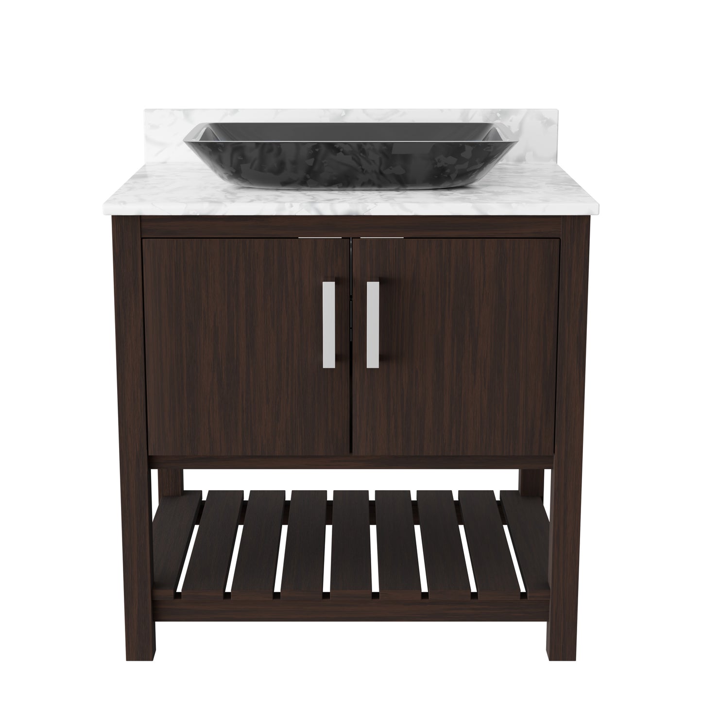 30-inch Novatto bath vanity with Carrara White marble counter and integrated sink, showcasing sleek bathroom accessory design.