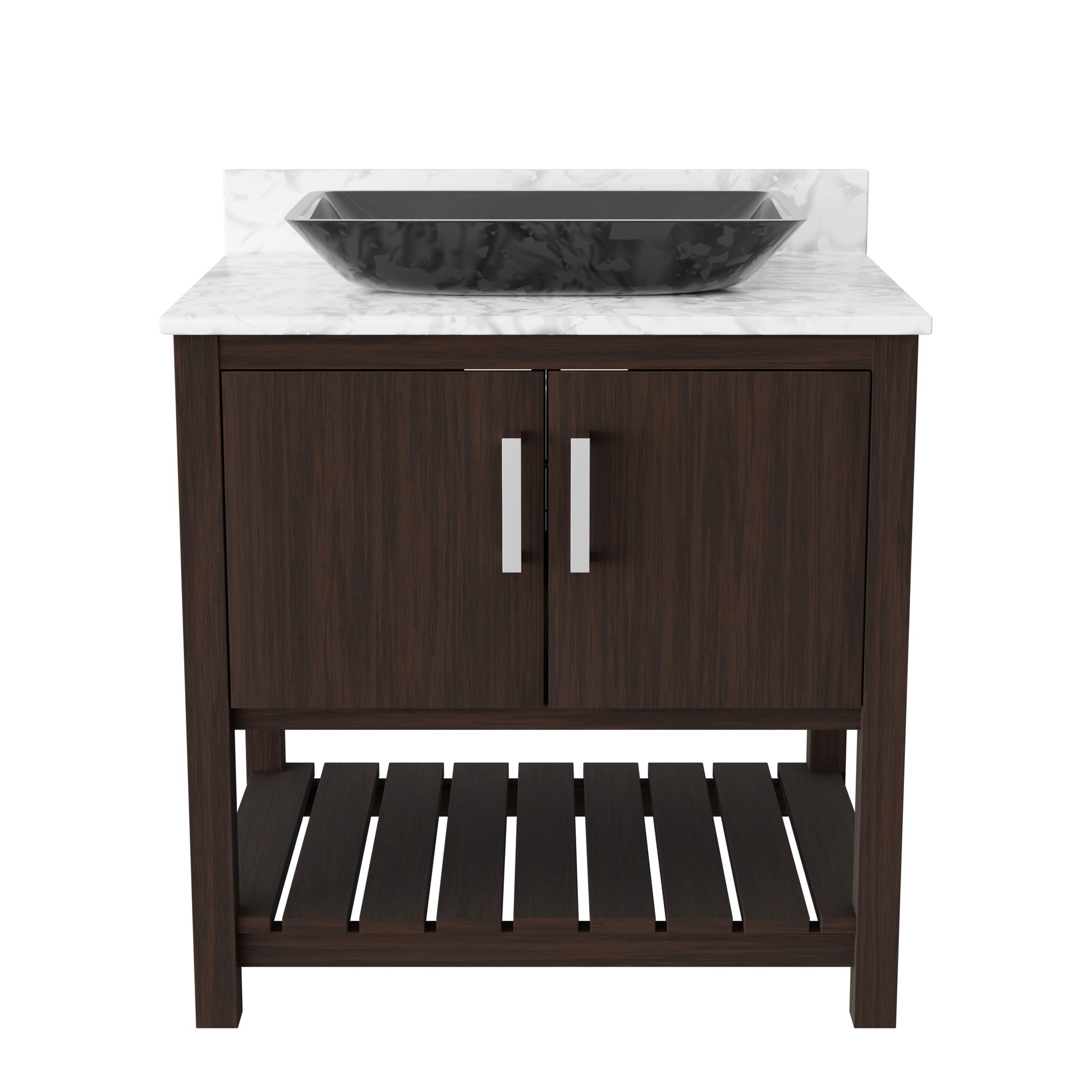 30-inch Novatto bath vanity with Carrara White marble counter and integrated sink, showcasing sleek bathroom accessory design.
