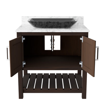 30-inch Novatto bath vanity with Carrara white marble counter and sink, showcasing a modern bathroom accessory design.