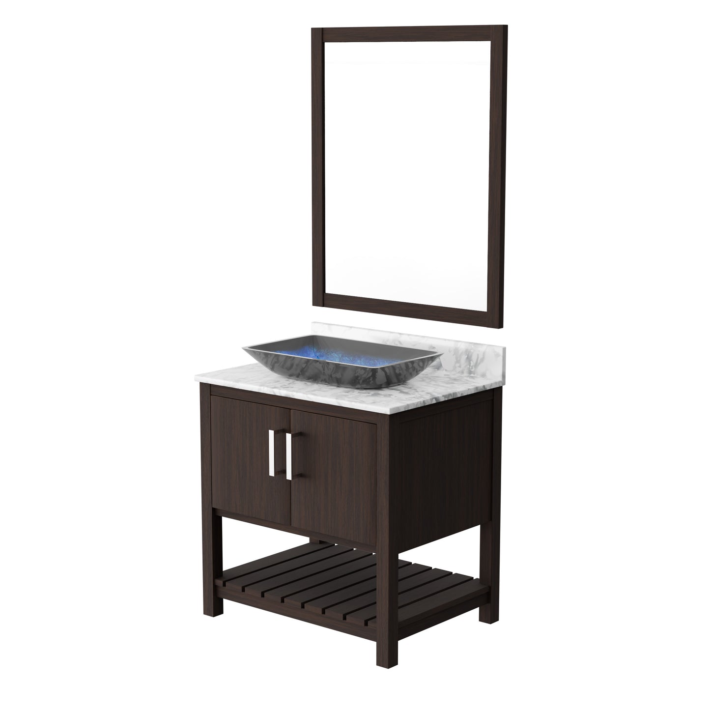 30-inch Novatto bath vanity with Carrara white marble counter and sink, featuring a modern design and polished finish.