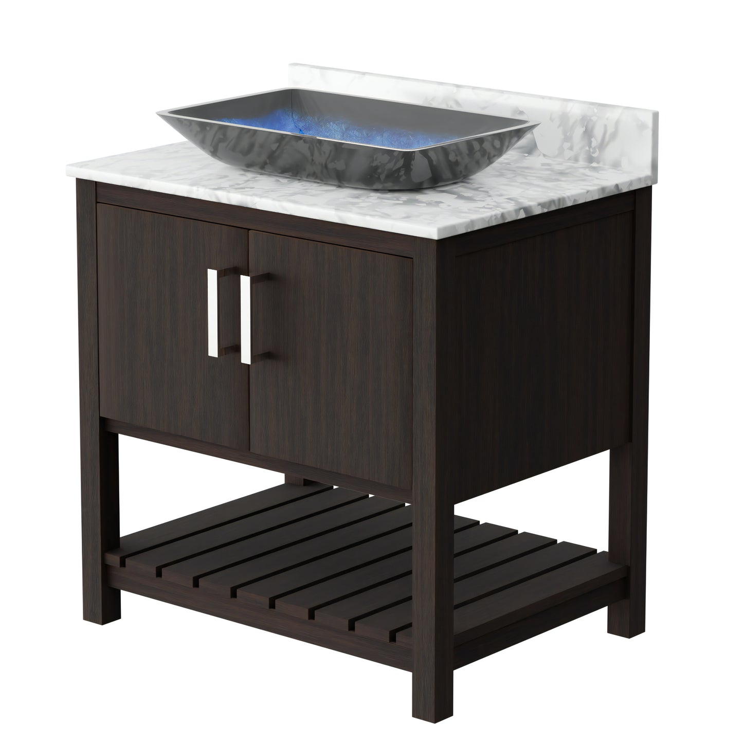 30-inch Novatto bathroom vanity with Carrara white marble counter and sink, showcasing elegant bathroom fixture and modern design
