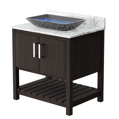 30-inch Novatto bathroom vanity with Carrara white marble counter and sink, showcasing elegant bathroom fixture and modern design