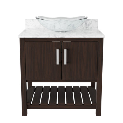 30-inch Novatto bath vanity with Carrara white marble counter and sink, showcasing sleek bathroom accessory design.