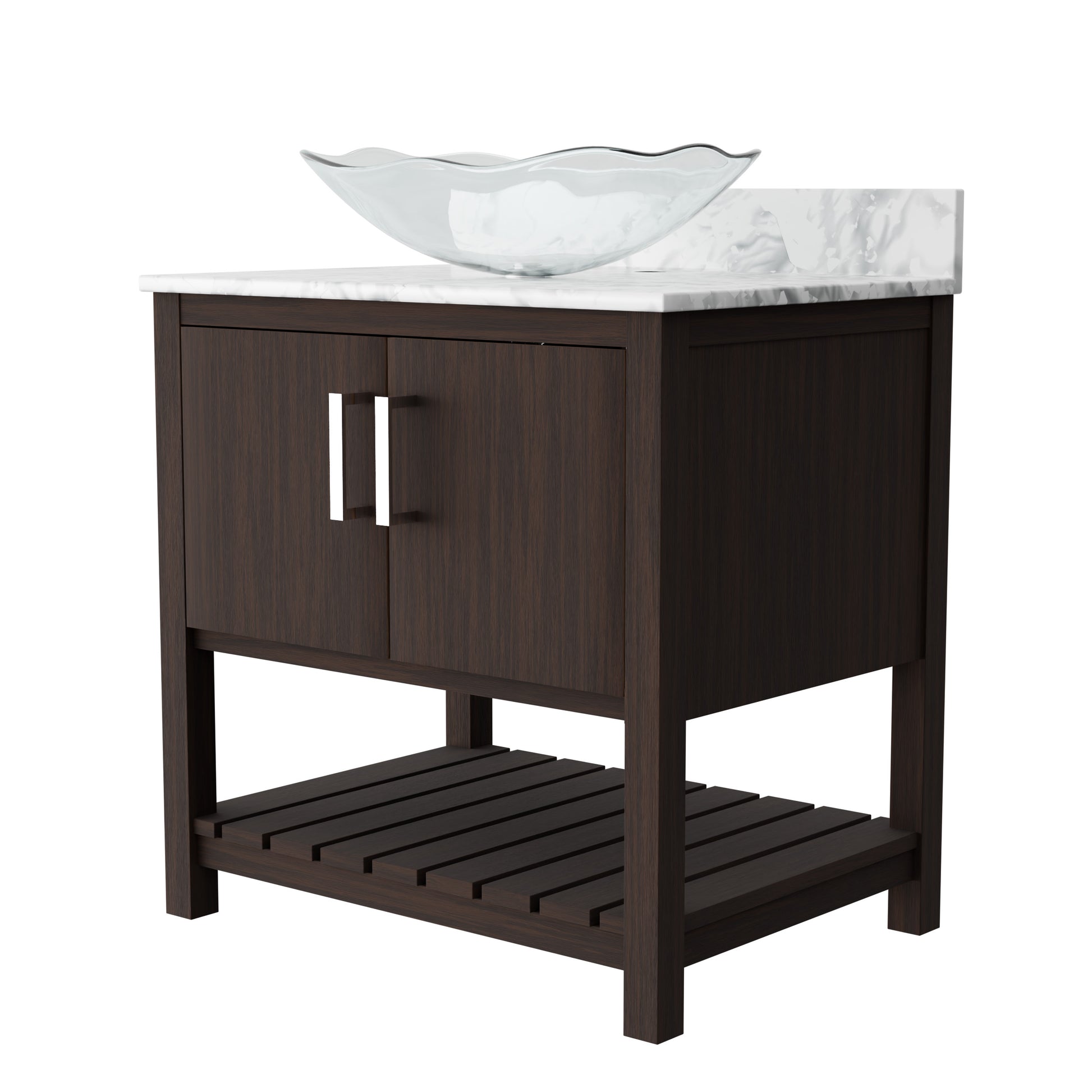 30-inch Novatto bath vanity with Carrara white marble countertop and integrated sink, showcasing modern bathroom accessory design.