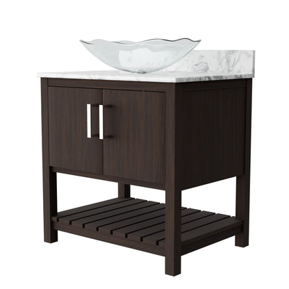 30-inch Novatto bath vanity with Carrara white marble countertop and integrated sink, showcasing modern bathroom accessory design.
