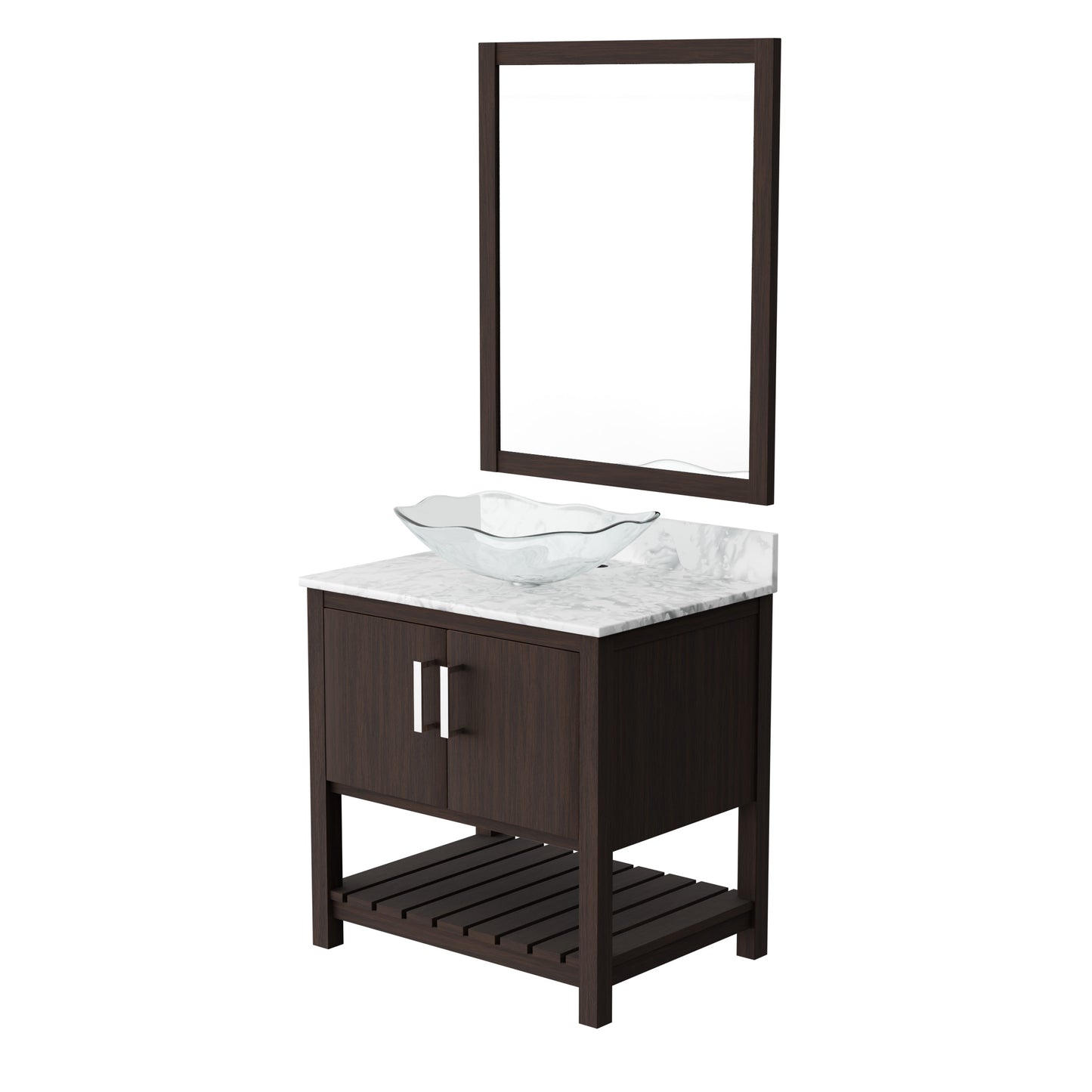 30-inch Novatto bath vanity with Carrara white marble countertop and integrated sink, showcasing a sleek, modern bathroom accessory.