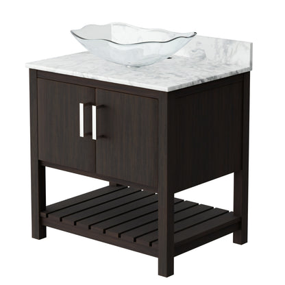 30-inch Novatto bath vanity with Carrara white marble counter and sink, showcasing elegant design and polished surface.