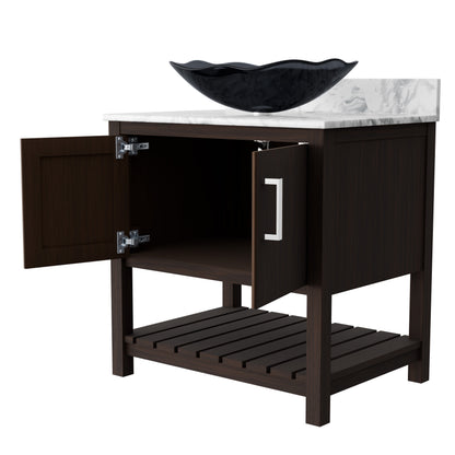 30-inch Novatto bath vanity with Carrara white marble counter and sink, showcasing elegant bathroom accessory design.