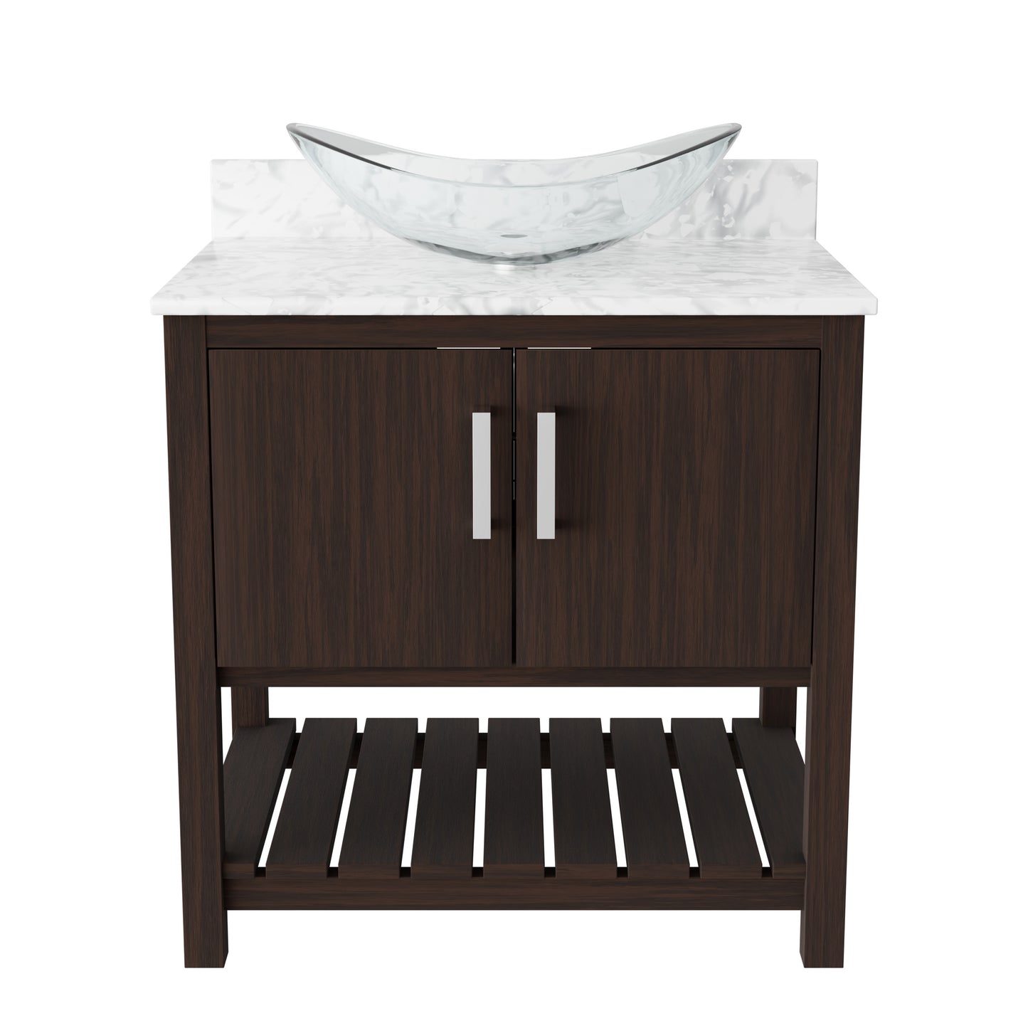 30-inch Novatto bath vanity with Carrara white marble countertop and integrated sink, showcasing sleek bathroom accessory design.