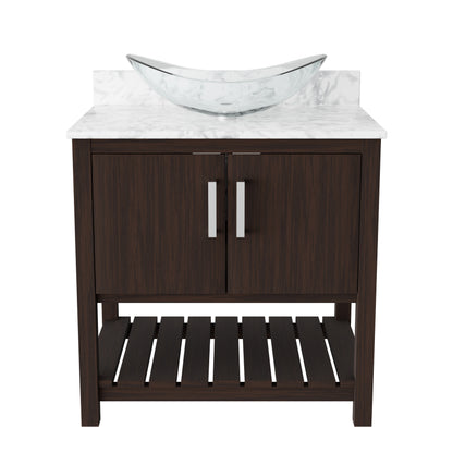 30-inch Novatto bath vanity with Carrara white marble countertop and integrated sink, showcasing sleek bathroom accessory design.