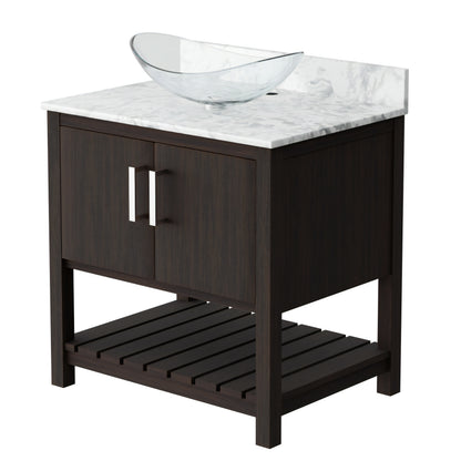30-inch Novatto bath vanity with Carrara white marble counter and integrated sink, showcasing elegant bathroom accessory design.