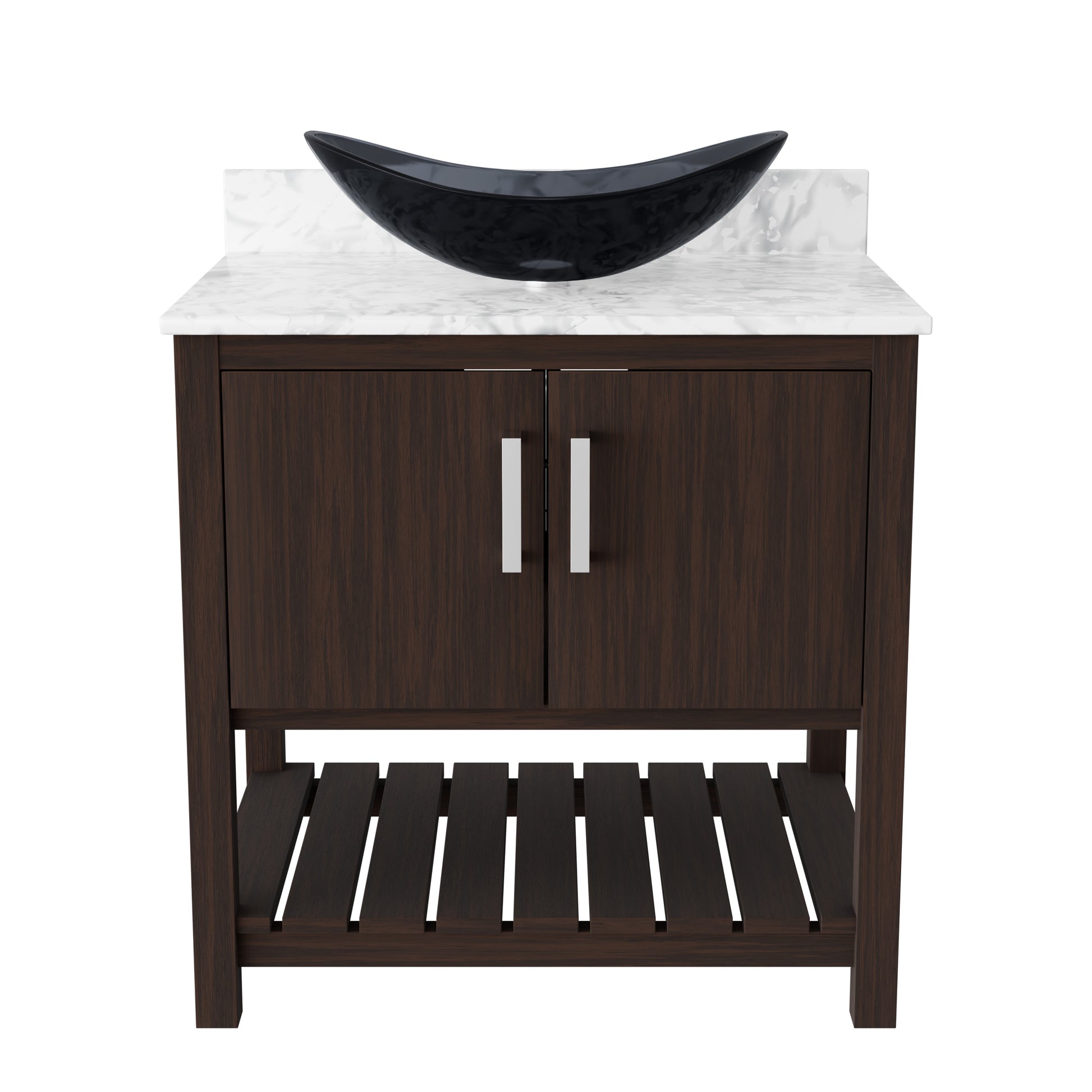 30-inch Novatto bath vanity with Carrara white marble countertop and integrated sink, showcasing sleek bathroom accessory design.