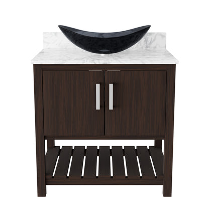30-inch Novatto bath vanity with Carrara white marble countertop and integrated sink, showcasing sleek bathroom accessory design.
