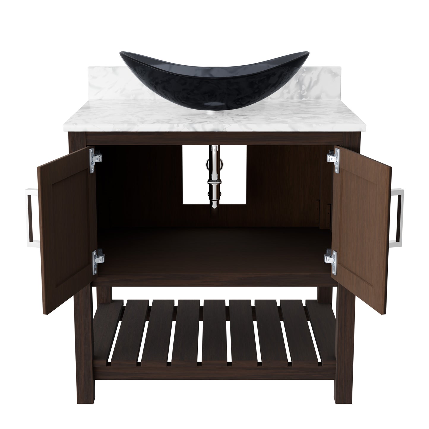30-inch Novatto bath vanity with Carrara white marble counter and sink, showcasing sleek bathroom accessory design.