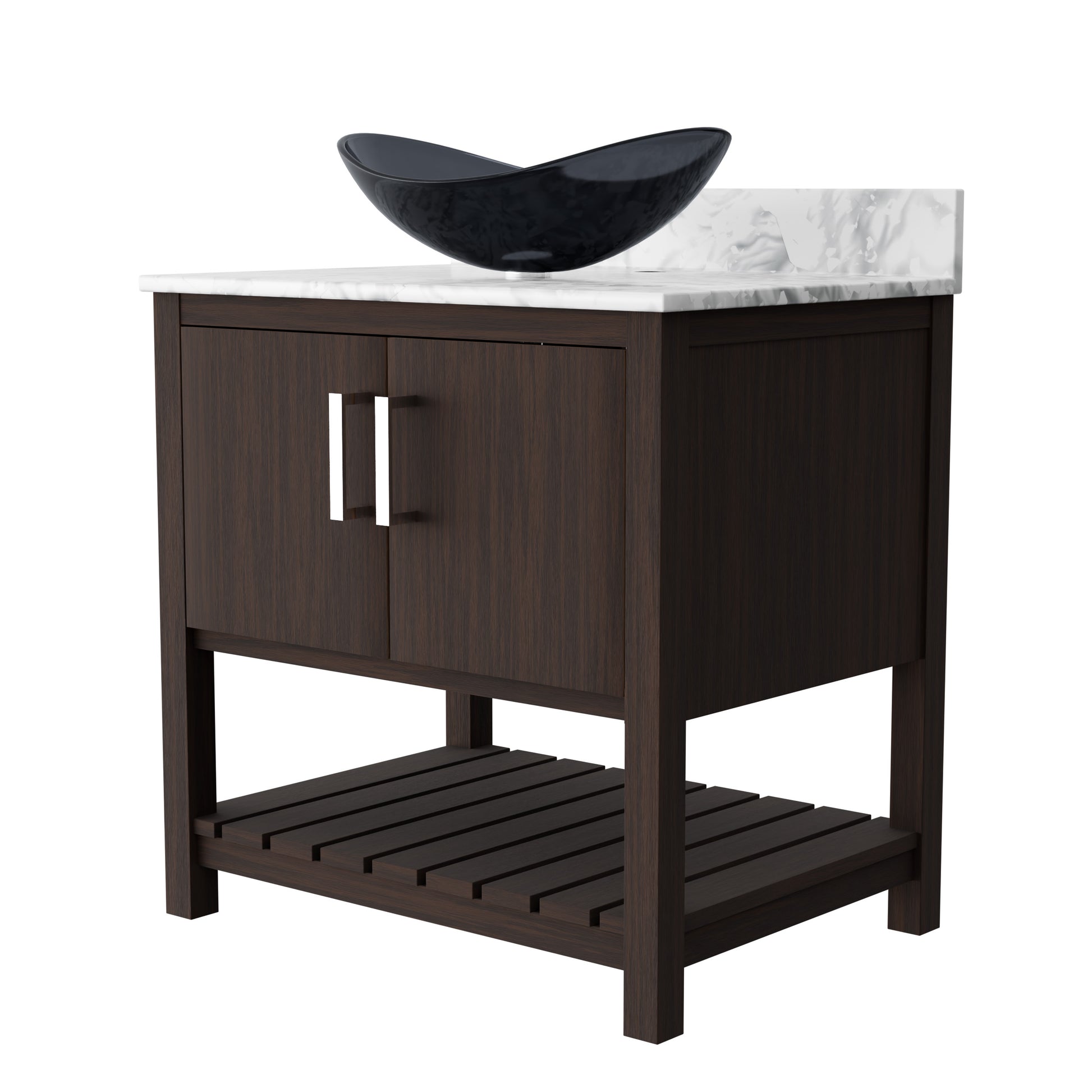 30-inch Novatto bath vanity with Carrara white marble counter and sink, showcasing a sleek bathroom accessory design.
