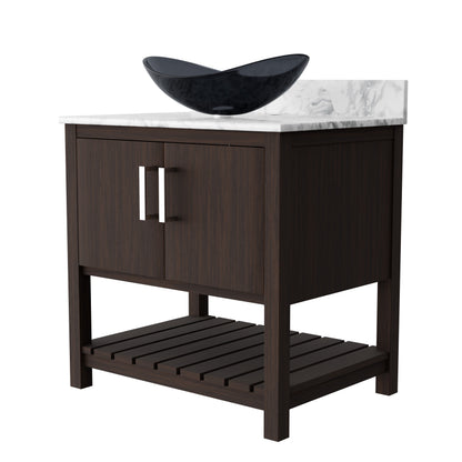 30-inch Novatto bath vanity with Carrara white marble counter and sink, showcasing a sleek bathroom accessory design.
