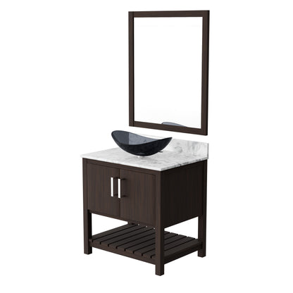 30-inch Novatto bath vanity with Carrara white marble countertop and integrated sink, showcasing modern bathroom accessory design.