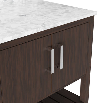 30-inch Novatto vanity with Carrara white marble countertop, showcasing sleek bathroom accessory design and elegant marble surface.