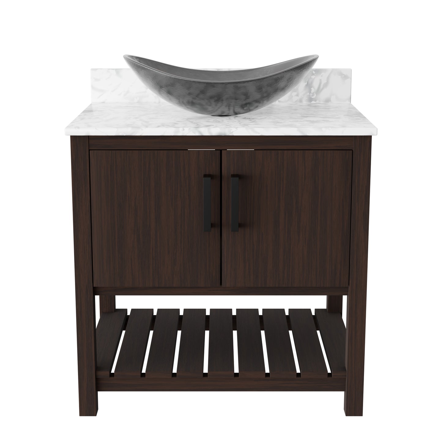 30-inch Novatto bath vanity with Carrara white marble counter and integrated sink, showcasing elegant bathroom fixture.