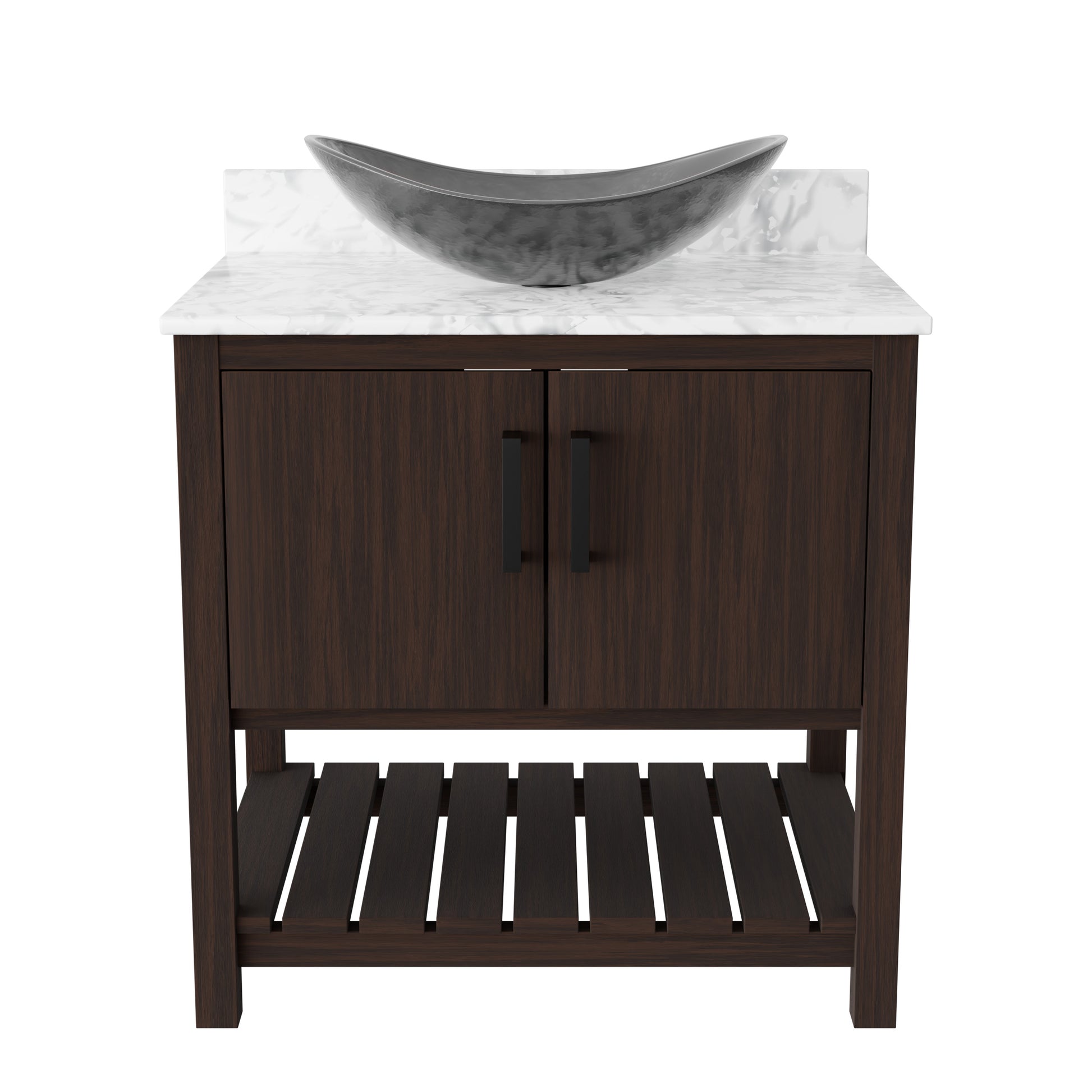 30-inch Novatto bath vanity with Carrara white marble counter and integrated sink, showcasing elegant bathroom fixture.