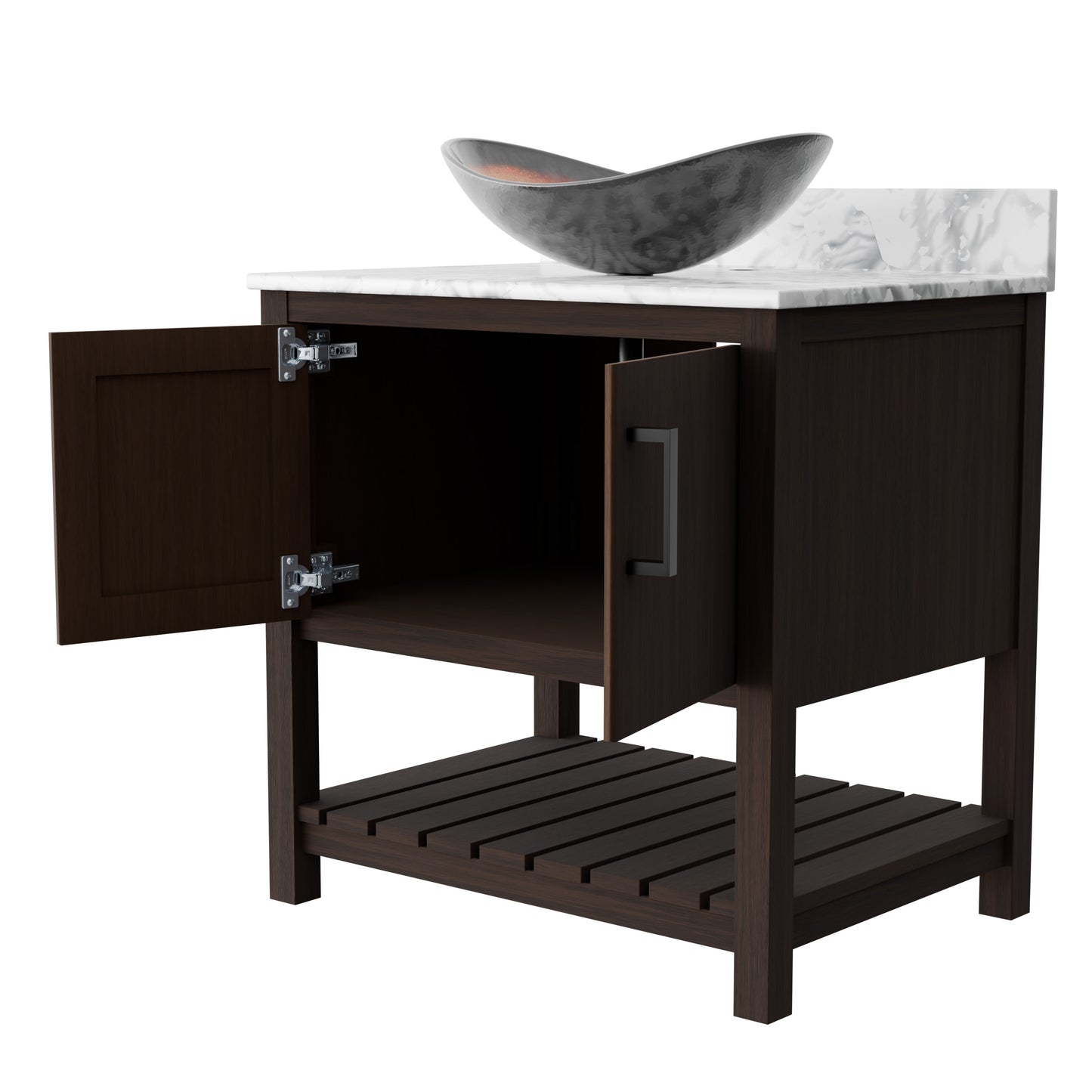 30-inch Novatto bath vanity with Carrara white marble countertop and sink, showcasing elegant bathroom accessory.