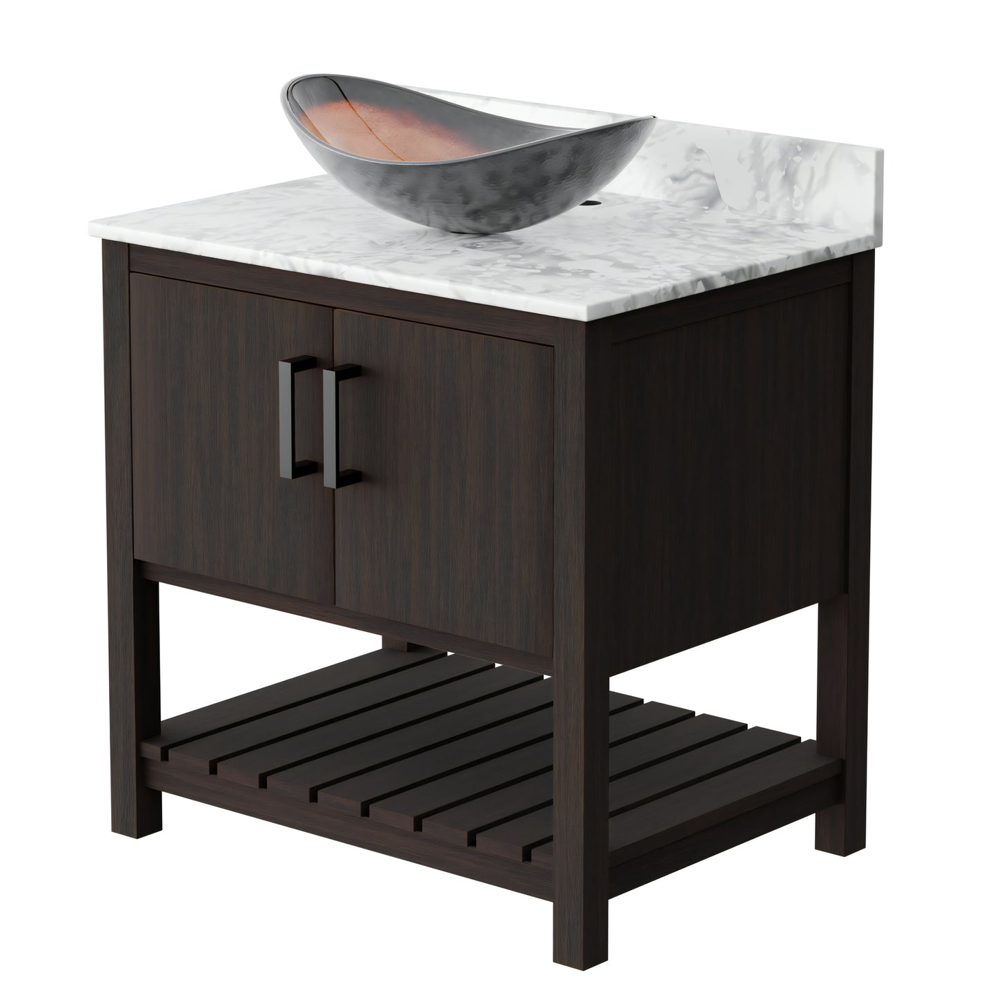 30-inch Novatto bath vanity with Carrara white marble countertop and integrated sink, showcasing elegant bathroom accessory design.