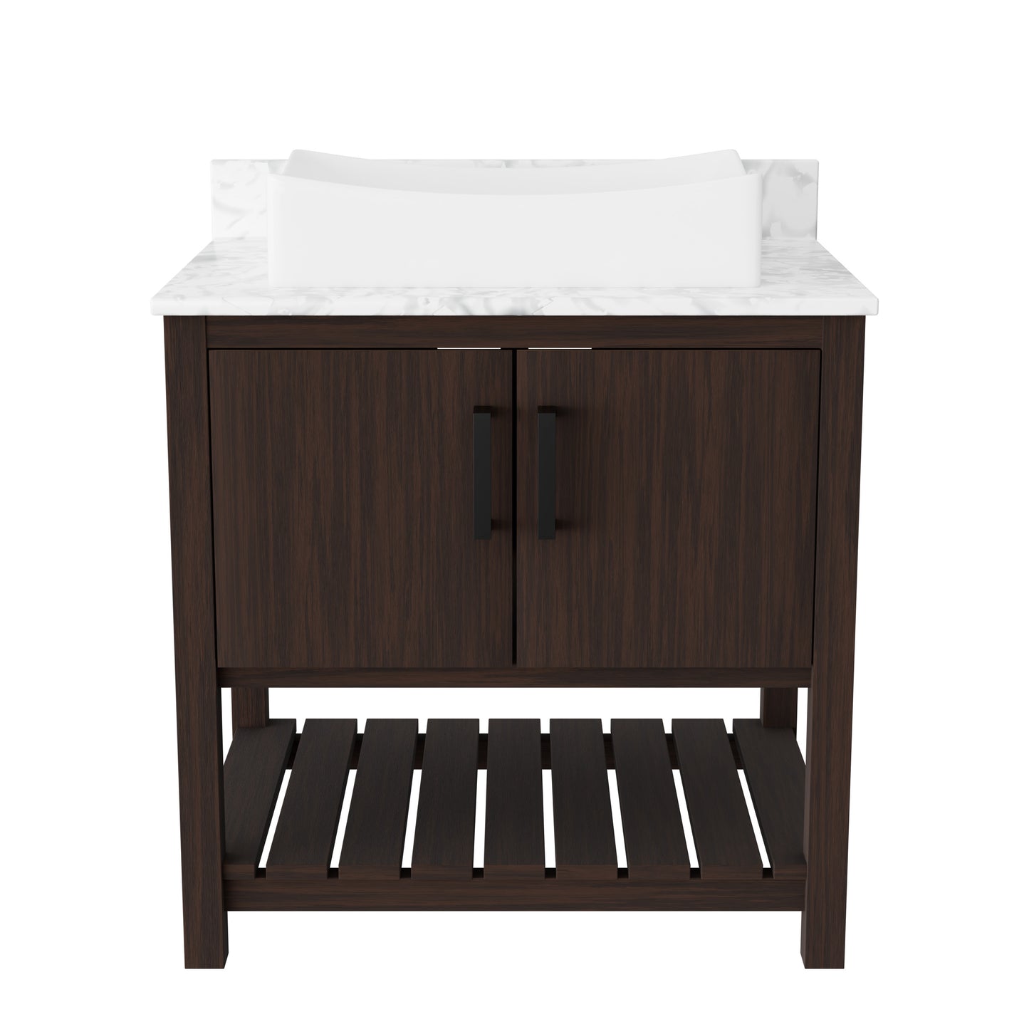 30-inch Novatto bath vanity with Carrara white marble countertop and integrated sink, showcasing elegant bathroom accessory.