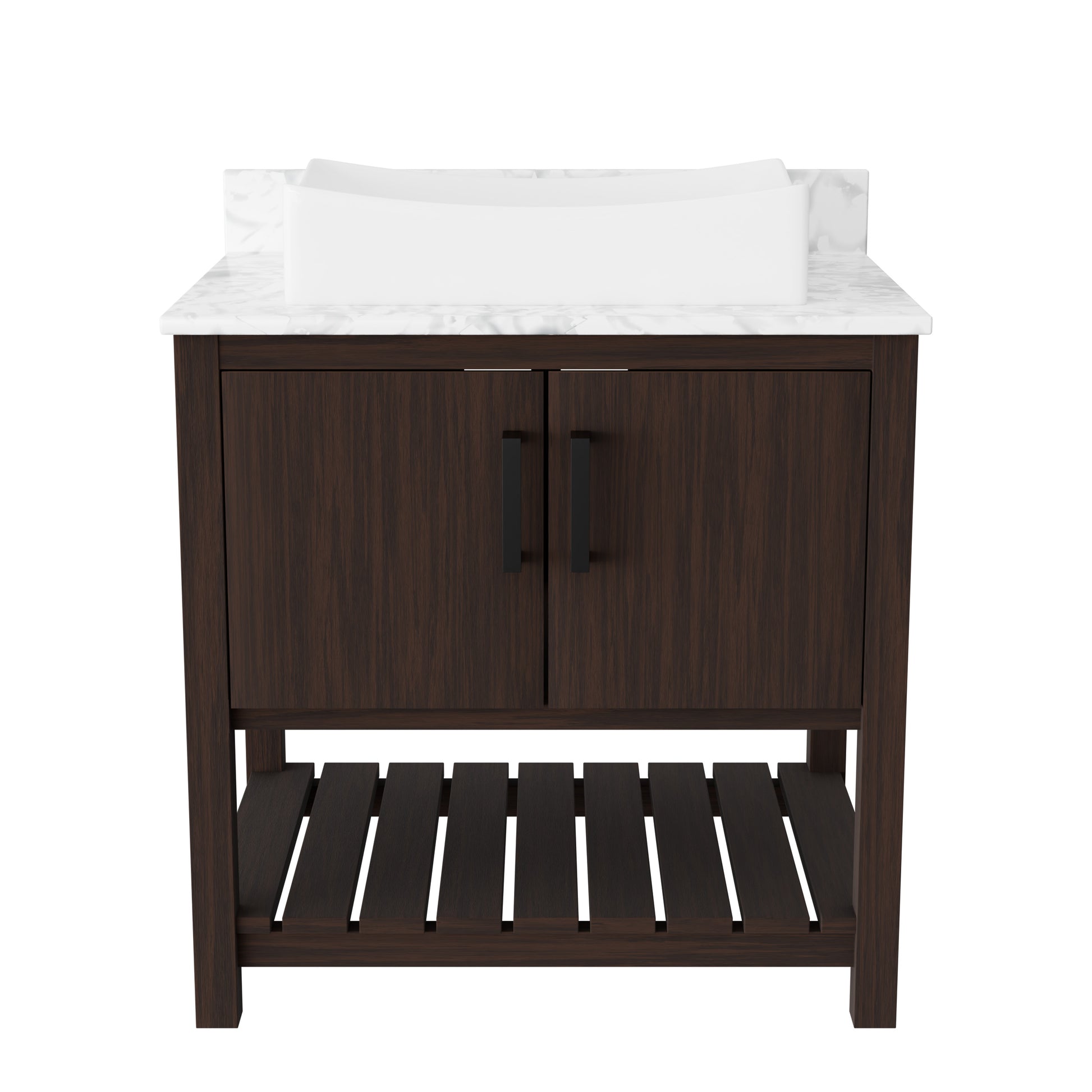 30-inch Novatto bath vanity with Carrara white marble countertop and integrated sink, showcasing elegant bathroom accessory.